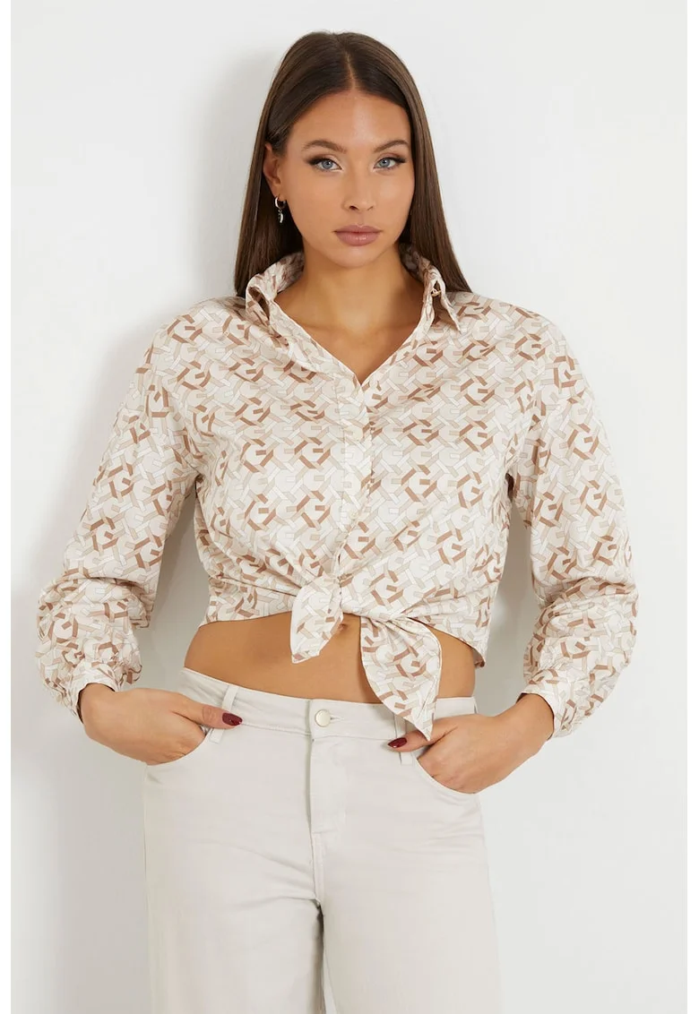 Camasa crop cu imprimeu geometric, Alb/Maro