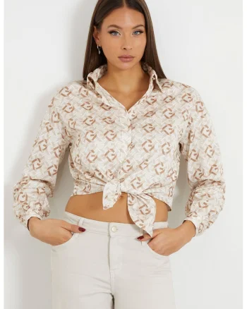 Camasa crop cu imprimeu geometric, Alb/Maro
