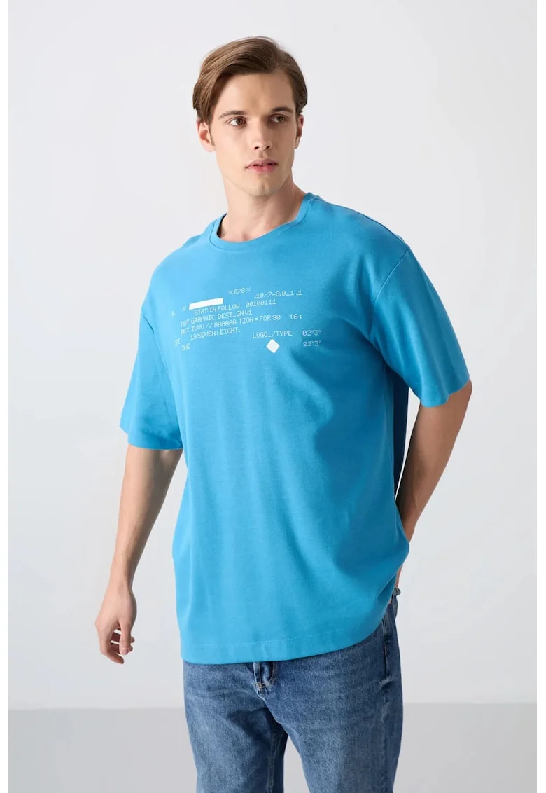 Tricou Barbati,  supradimensionat, imprimeu spate, Albastru Cerulean, 93% bumbac