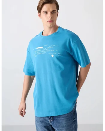 Tricou Barbati,  supradimensionat, imprimeu spate, Albastru Cerulean, 93% bumbac