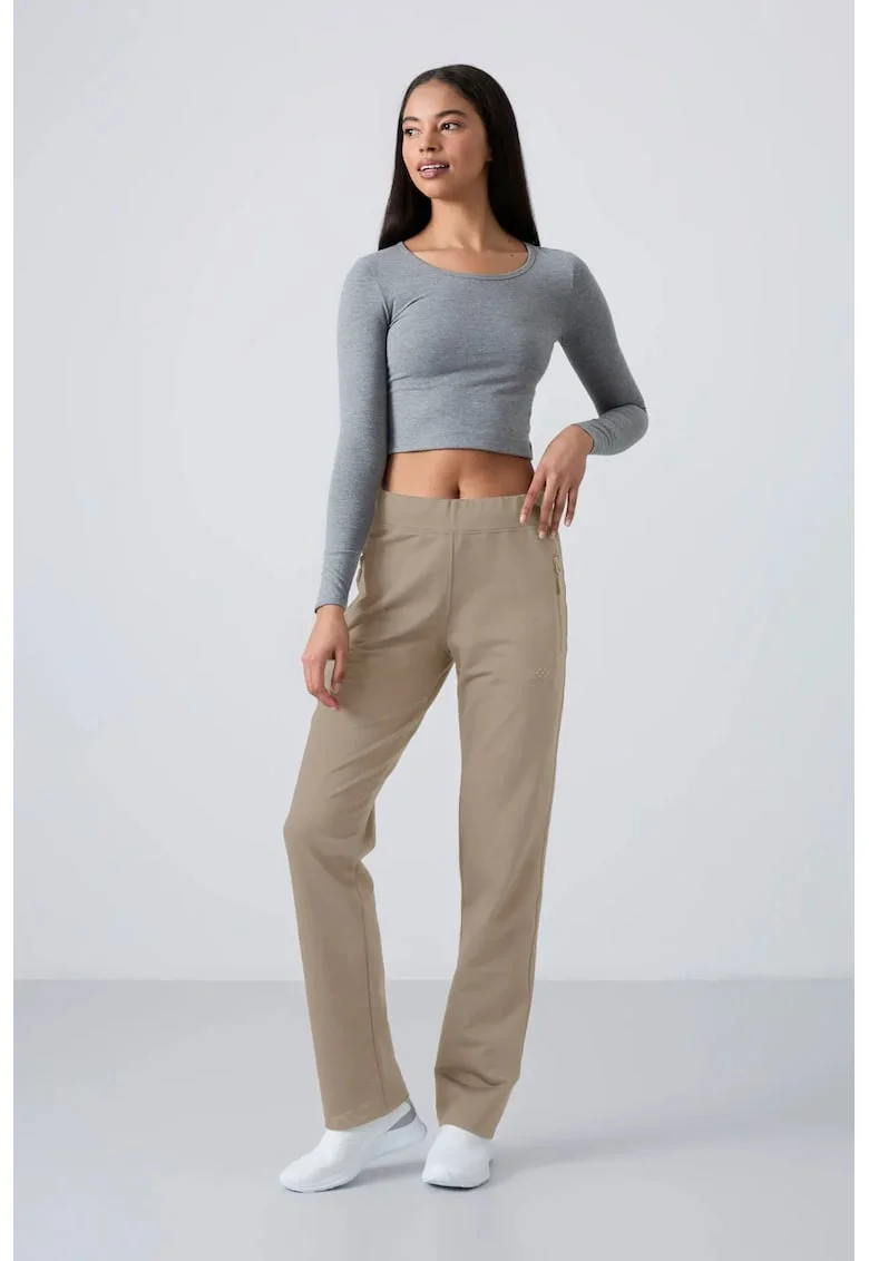 Pantaloni de trening,  croiala dreapta, cu fermoar, bej inchis, bumbac, poliester, elastan
