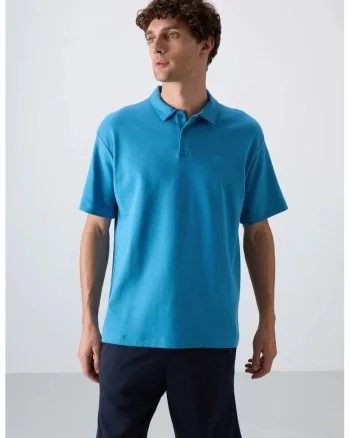 Tricou Polo  Barbati, Oversized, Albastru Cerulean, 93% bumbac, 7% poliester