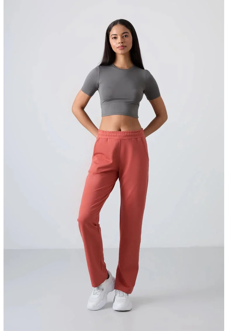 Pantaloni de trening,  talie inalta, picioare drepte, rosu caramiziu, fleece