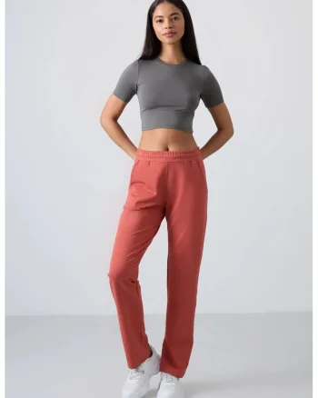 Pantaloni de trening,  talie inalta, picioare drepte, rosu caramiziu, fleece