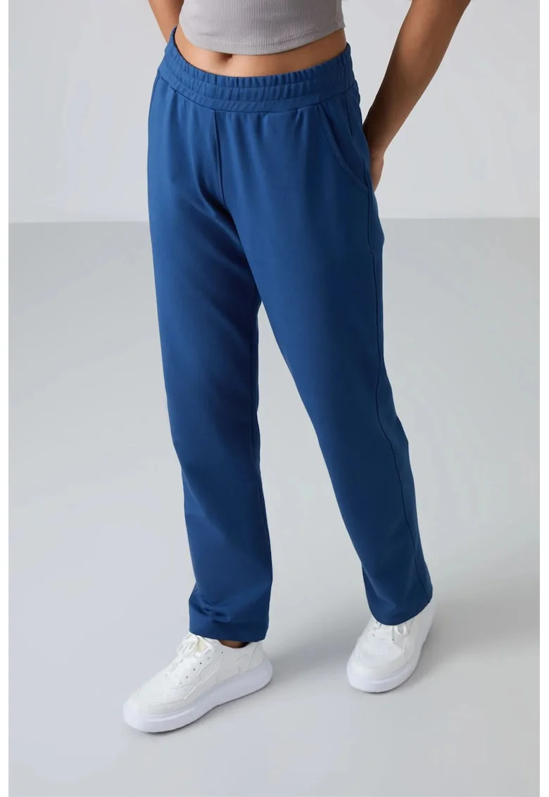 Pantaloni de trening,  talie inalta, picioare drepte, albastru marocan, fleece