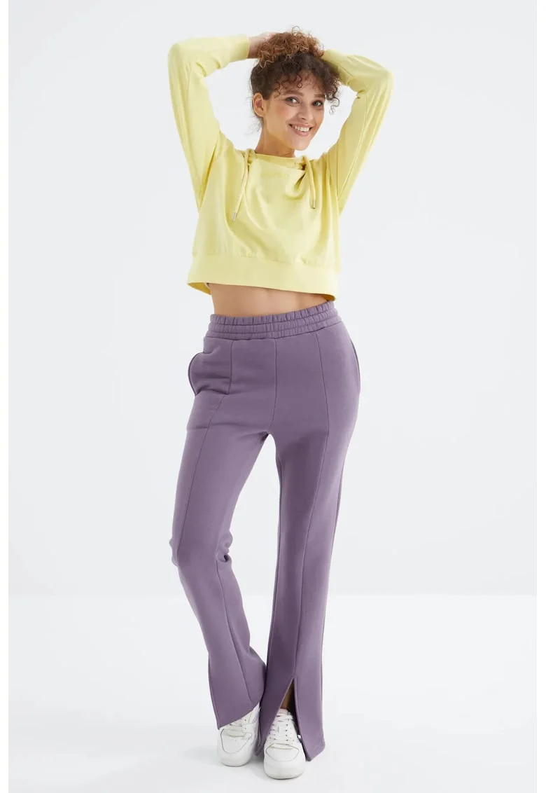 Pantaloni dama,  croiala dreapta relaxata, mov liliachiu, 70% bumbac, 30% poliester