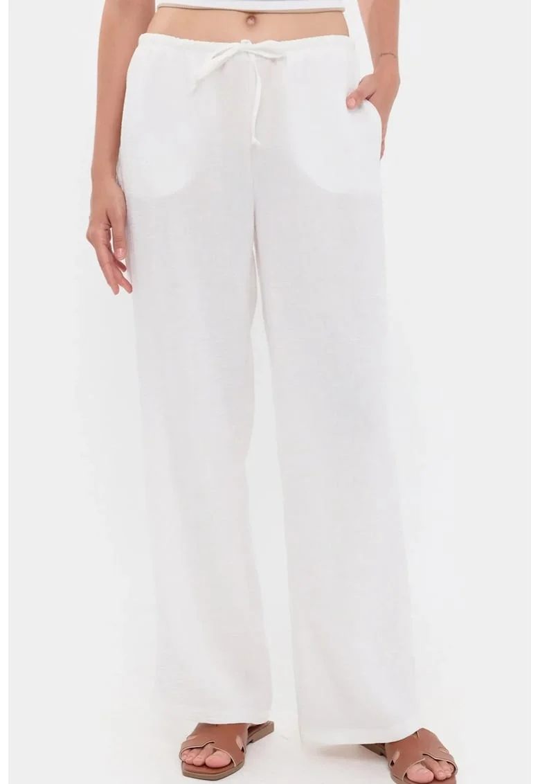 Pantaloni dama  cu talie inalta, croiala dreapta, detalii cu snur, Natural, 100% poliester