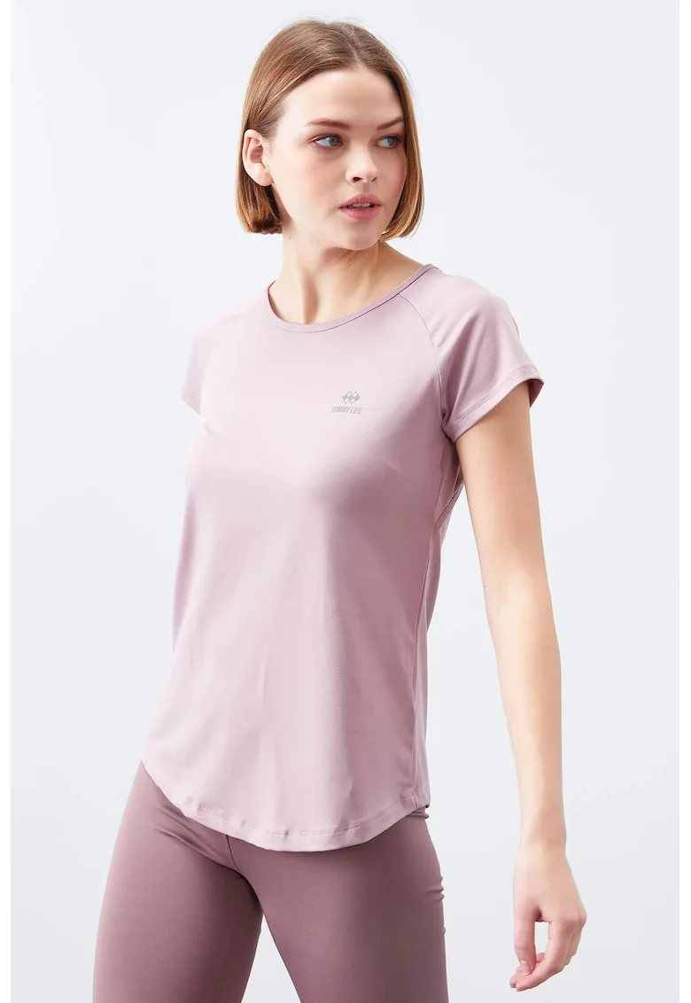 Tricou  femei, maneca scurta, guler rotund, elastic, mov, poliester