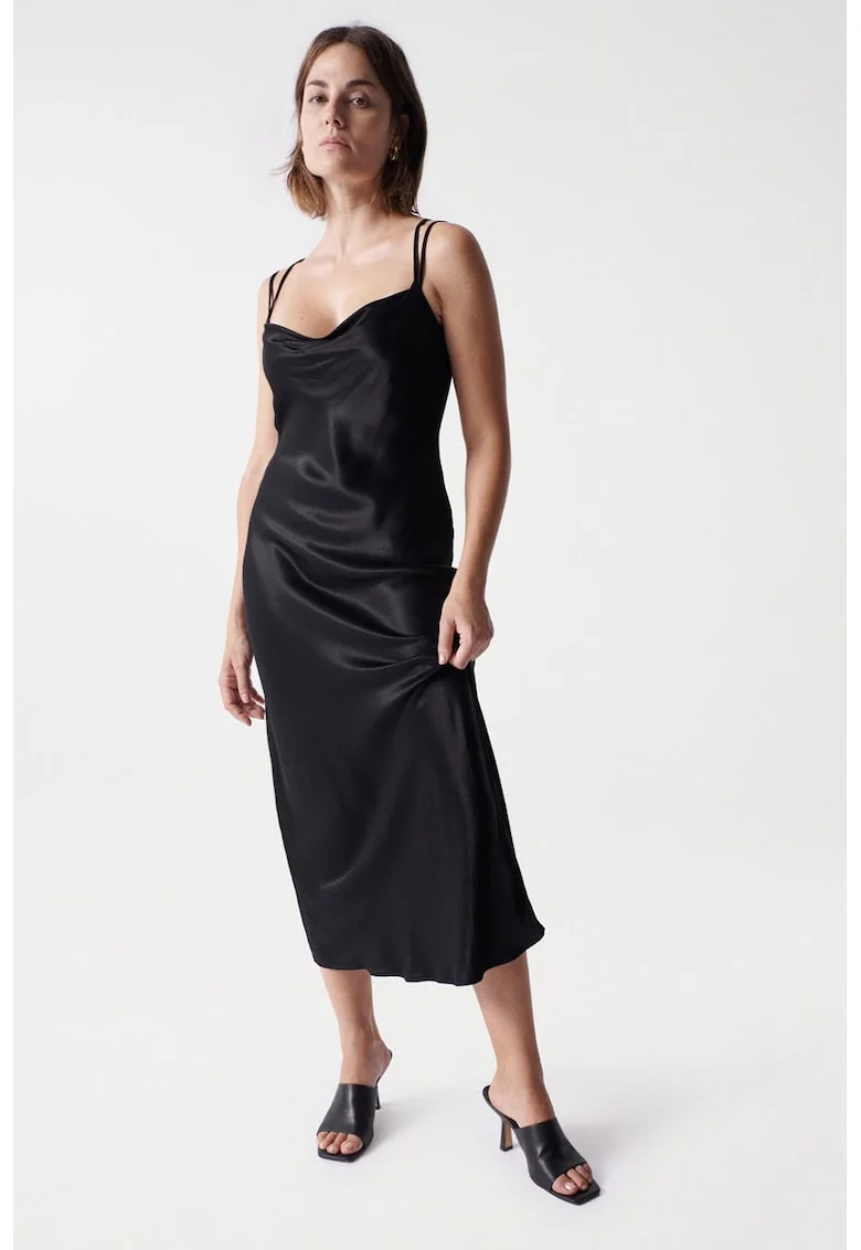 Rochie midi cu aspect de satin, Negru