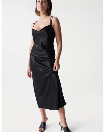 Rochie midi cu aspect de satin, Negru
