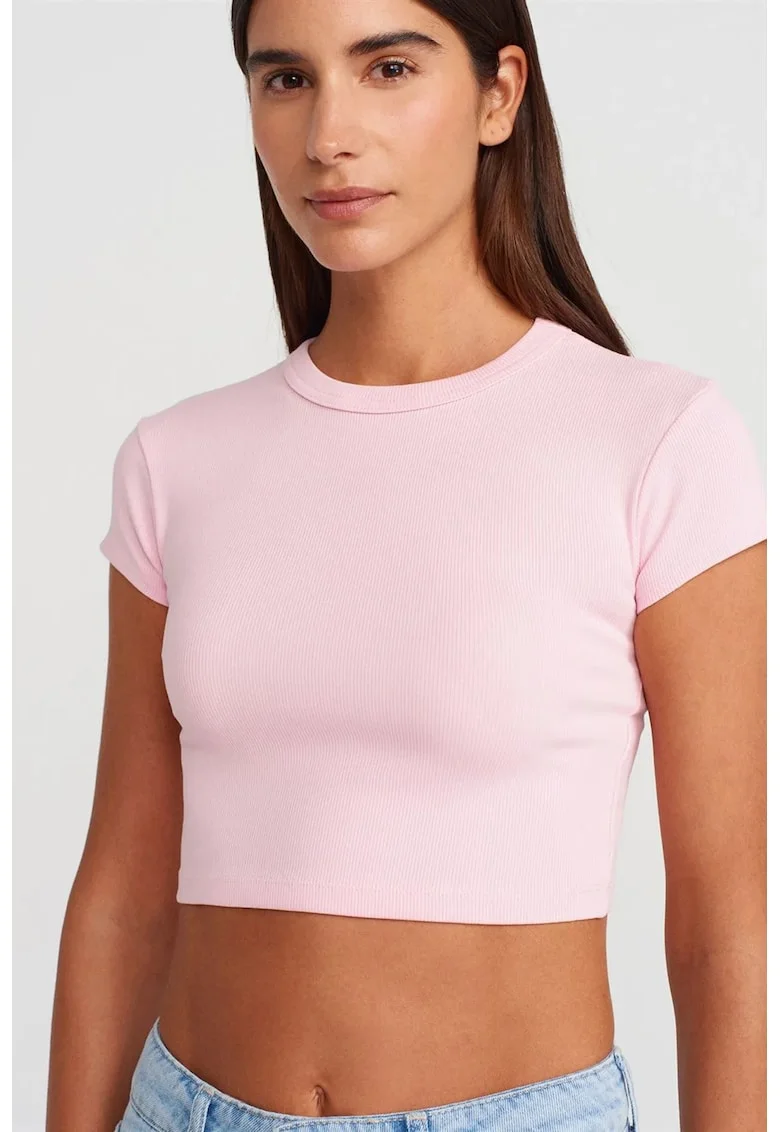 Tricou dama roz pudrat slim fit, Blush Pink