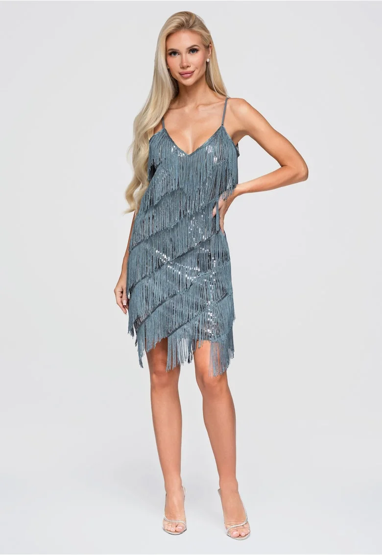 Rochie mini cu decolteu in V cu franjuri si paiete LA-OM-DLR404, Gri