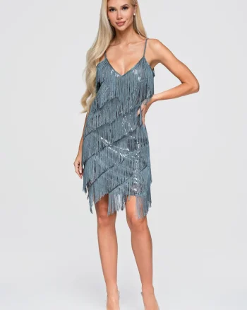 Rochie mini cu decolteu in V cu franjuri si paiete LA-OM-DLR404, Gri