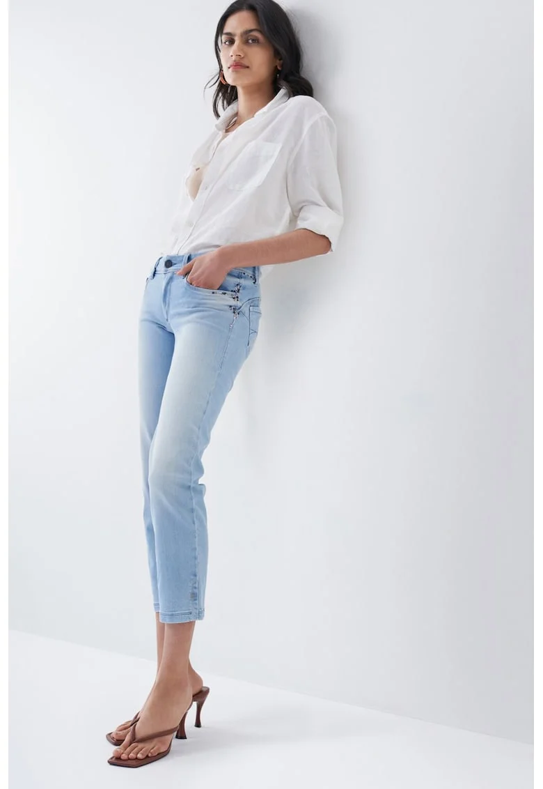 Blugi crop cu croiala dreapta si talie medie, Albastru deschis