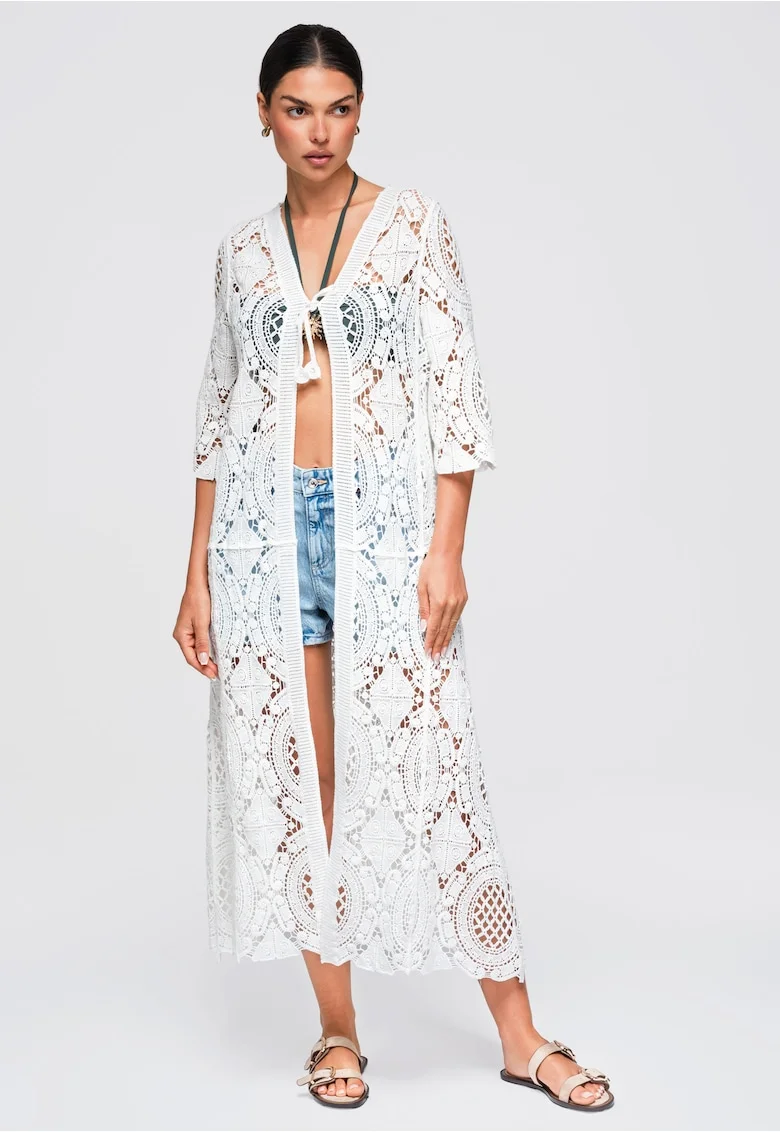 Kimono de plaja lung pentru femei, decolteu in V, maneci 3/4, crosetat, ONESIZE OW-SW-E0004, Alb, ONESIZE