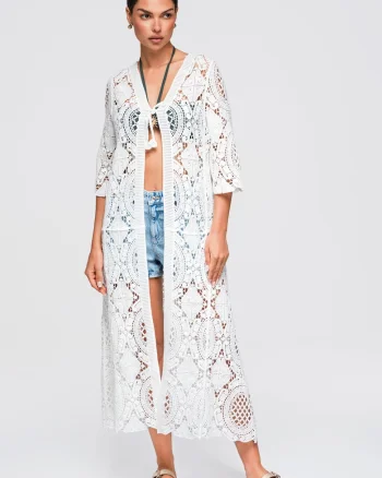 Kimono de plaja lung pentru femei, decolteu in V, maneci 3/4, crosetat, ONESIZE OW-SW-E0004, Alb, ONESIZE