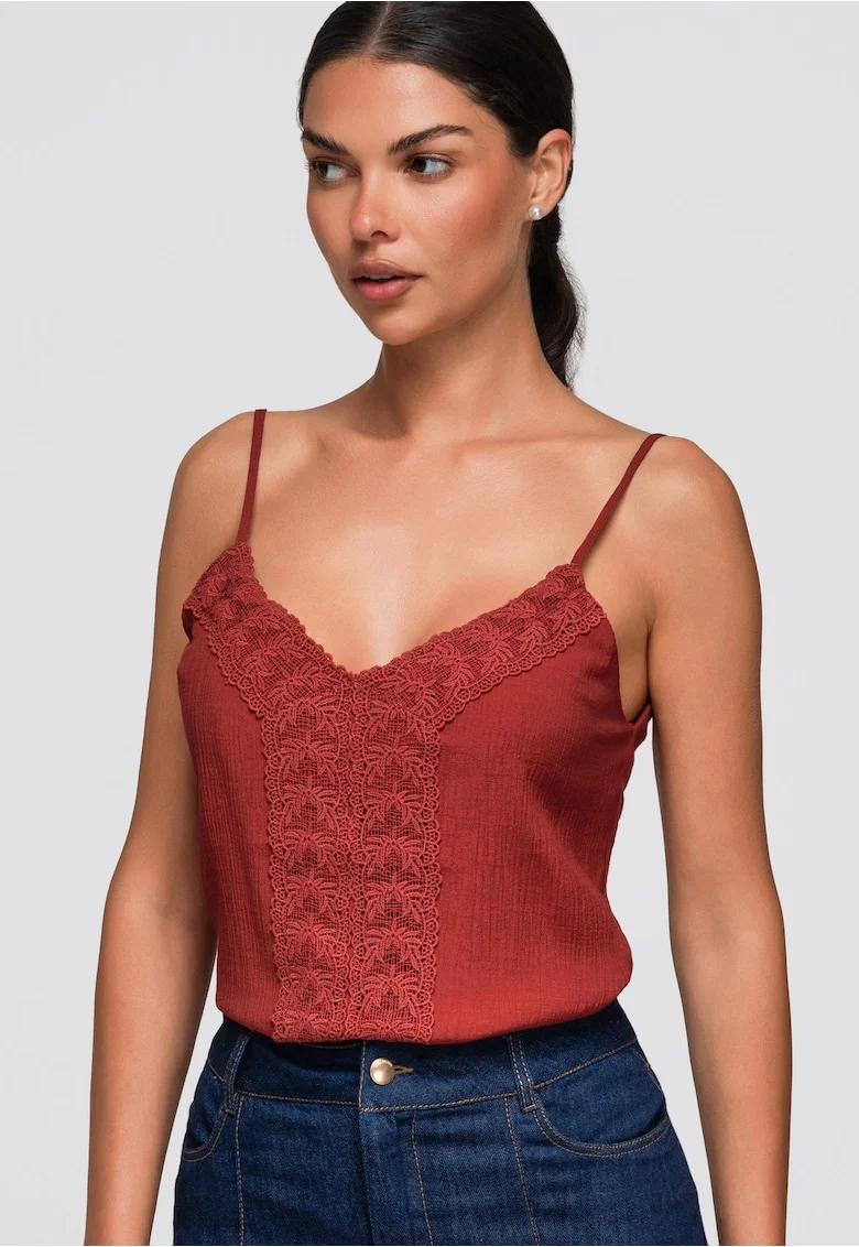 Bluza dama cu decolteu in V, ramite ajustabile, croiala lejera OW-TS-E0056, Rosu