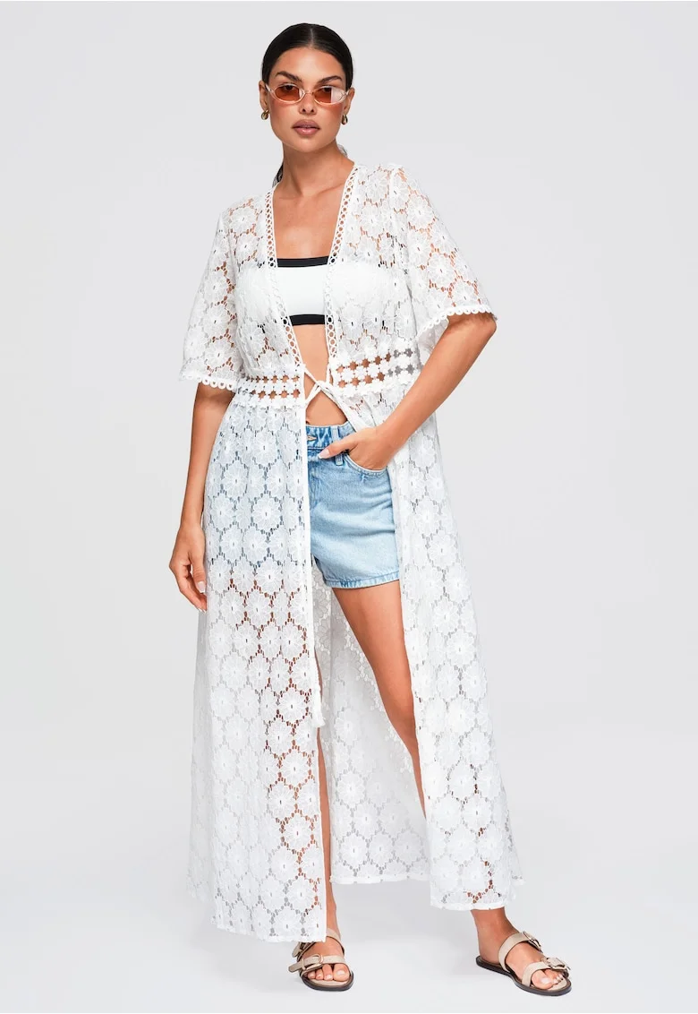Kimono de plaja lung dama cu decolteu in V, maneci scurte, stil lejer OW-SW-E0001, Alb