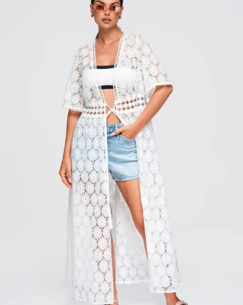 Kimono de plaja lung dama cu decolteu in V, maneci scurte, stil lejer OW-SW-E0001, Alb