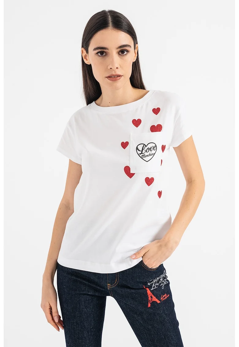 Tricou cu imprimeu si buzunar pe piept, Rosu/Alb optic