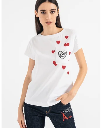 Tricou cu imprimeu si buzunar pe piept, Rosu/Alb optic