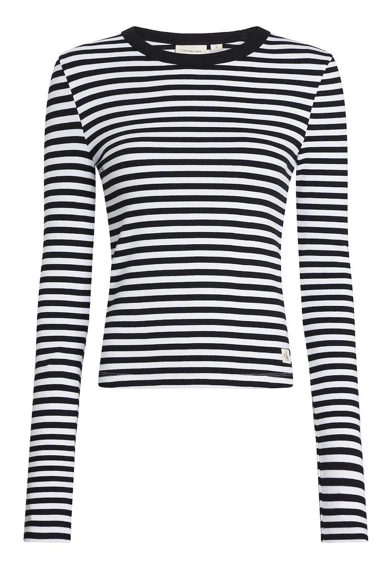 Bluza din amestec de bumbac cu decolteu rotund, Alb/Negru