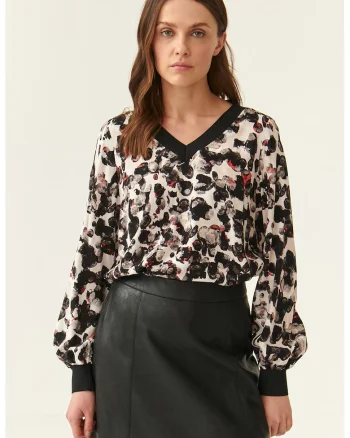 Bluza cu model si maneci bufante Rami, Alb/Negru