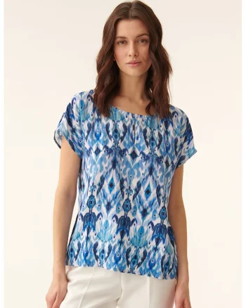 Bluza cu maneci scurte si model, Alb/Albastru