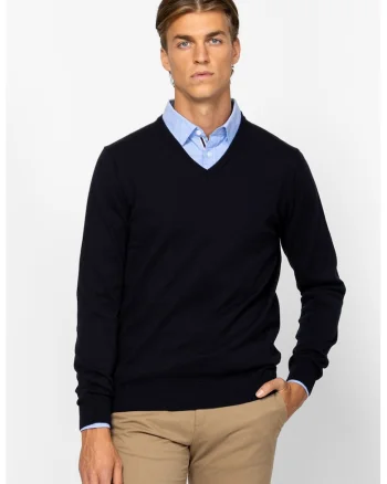 Pulover tricotat fin cu decolteu in V, Bleumarin