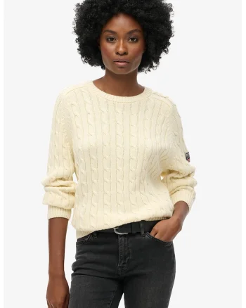 Pulover din bumbac organic cu model torsade, Crem