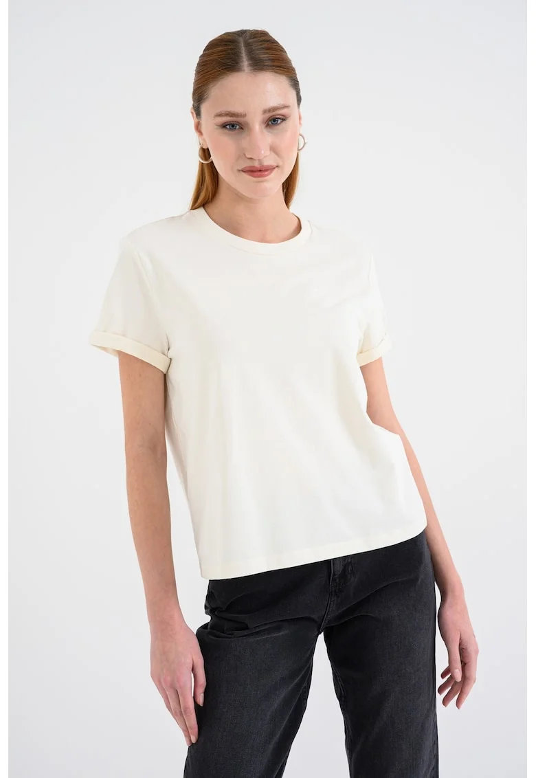 Tricou din bumbac cu decolteu la baza gatului Pain, Alb fildes