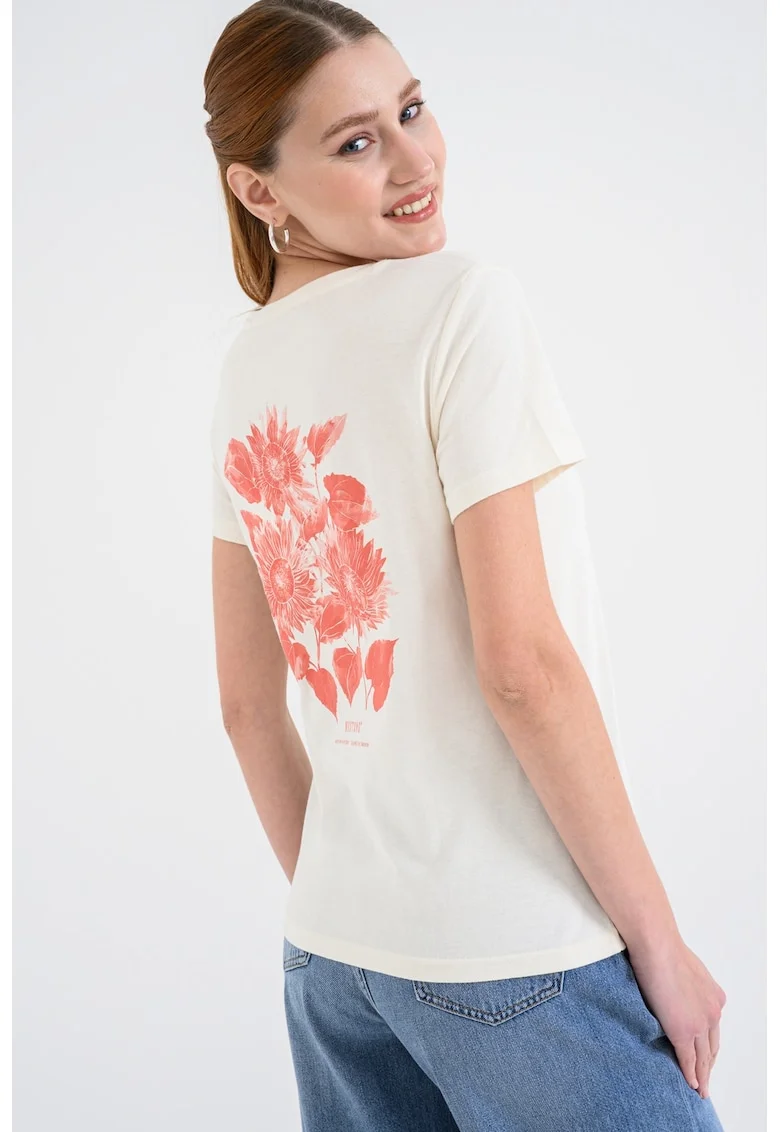 Tricou cu decolteu rotund si imprimeu pe partea din spate, Alb fildes/Coral