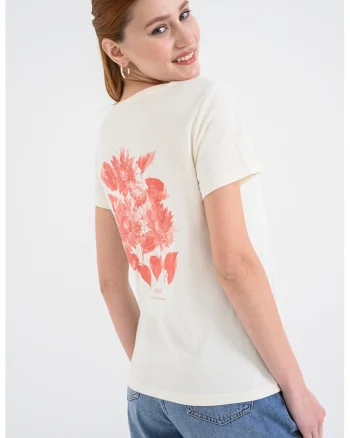 Tricou cu decolteu rotund si imprimeu pe partea din spate, Alb fildes/Coral