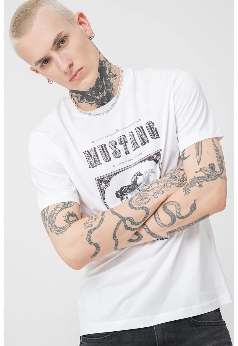 Tricou relaxed fit cu imprimeu logo Akron, Alb/Negru
