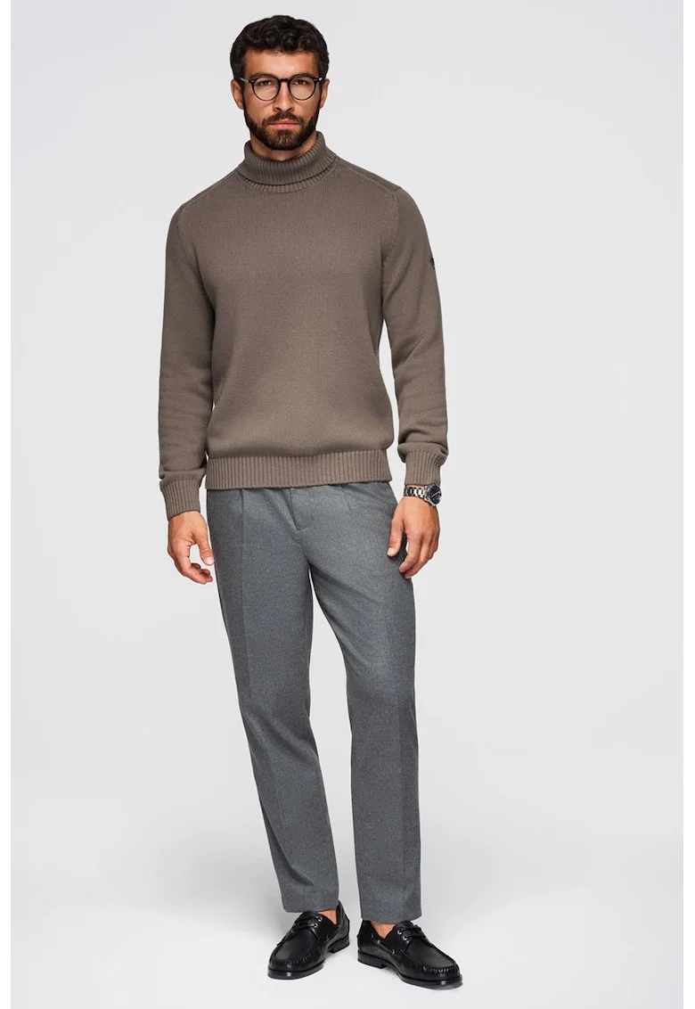 Pulover din bumbac cu guler inalt si model uni, Maro taupe