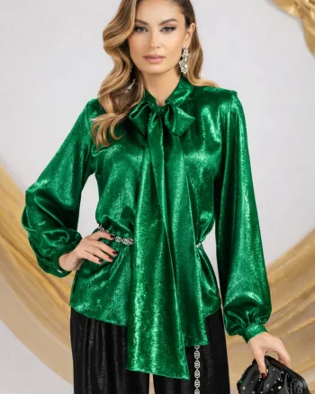 Bluza dama verde cu esarfa maxi si efect metalizat