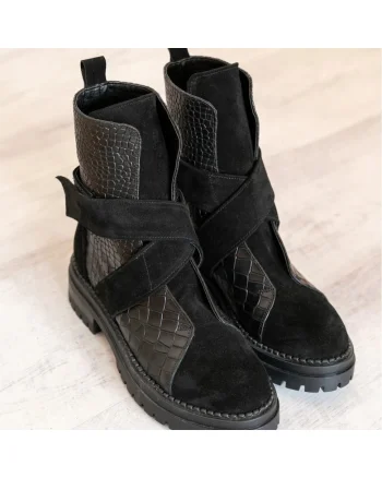Bocanci piele naturala  - Bristol - Croco Black, Negru