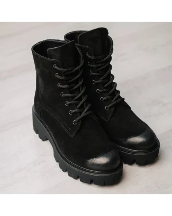 Bocanci din piele intoarsa, cu siret Classic, Negru