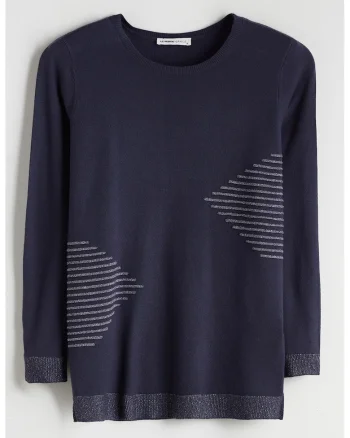 Bluza cu decolteu la baza gatului si detalii brodate, Bleumarin