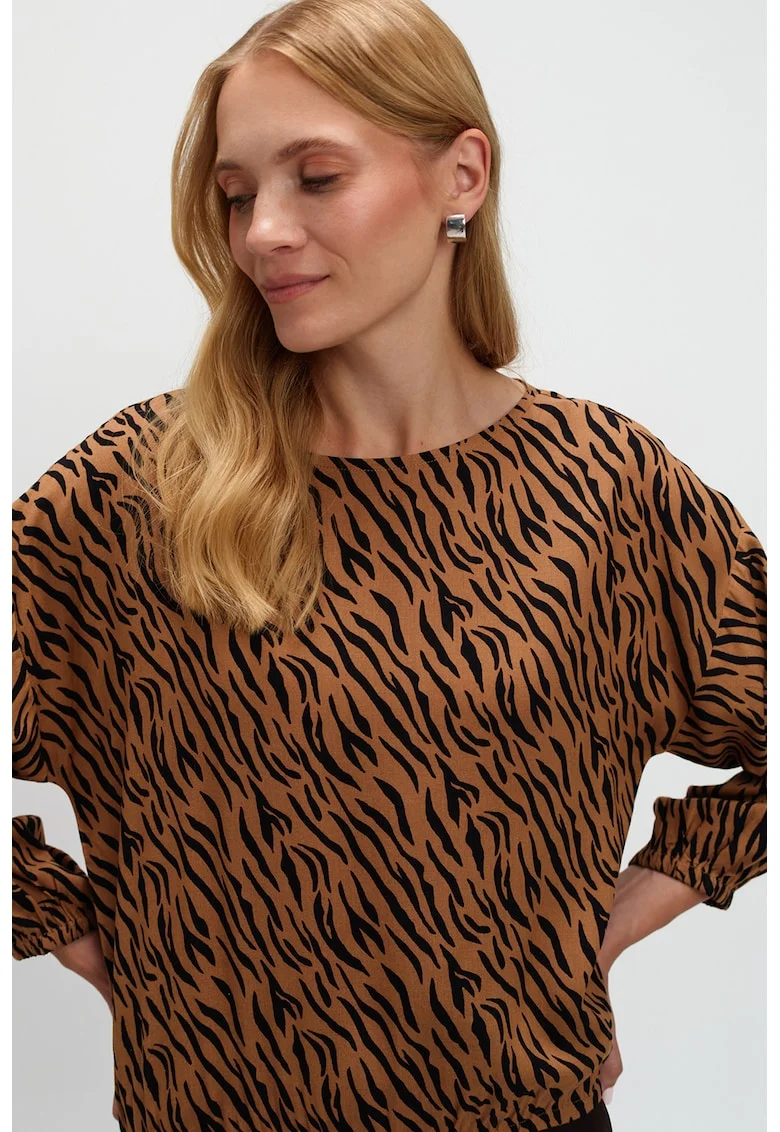 Bluza cu animal print cu maneci cazute, Negru/Caramel
