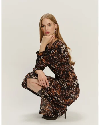 Rochie midi cu model si decolteu rotund, Negru/Maro