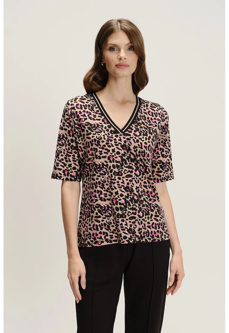 Bluza cu decolteu in V si imprimeu grafic, Negru/Bej