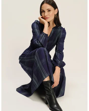Rochie lunga cu decolteu in V, Alb/Albastru ultramarin