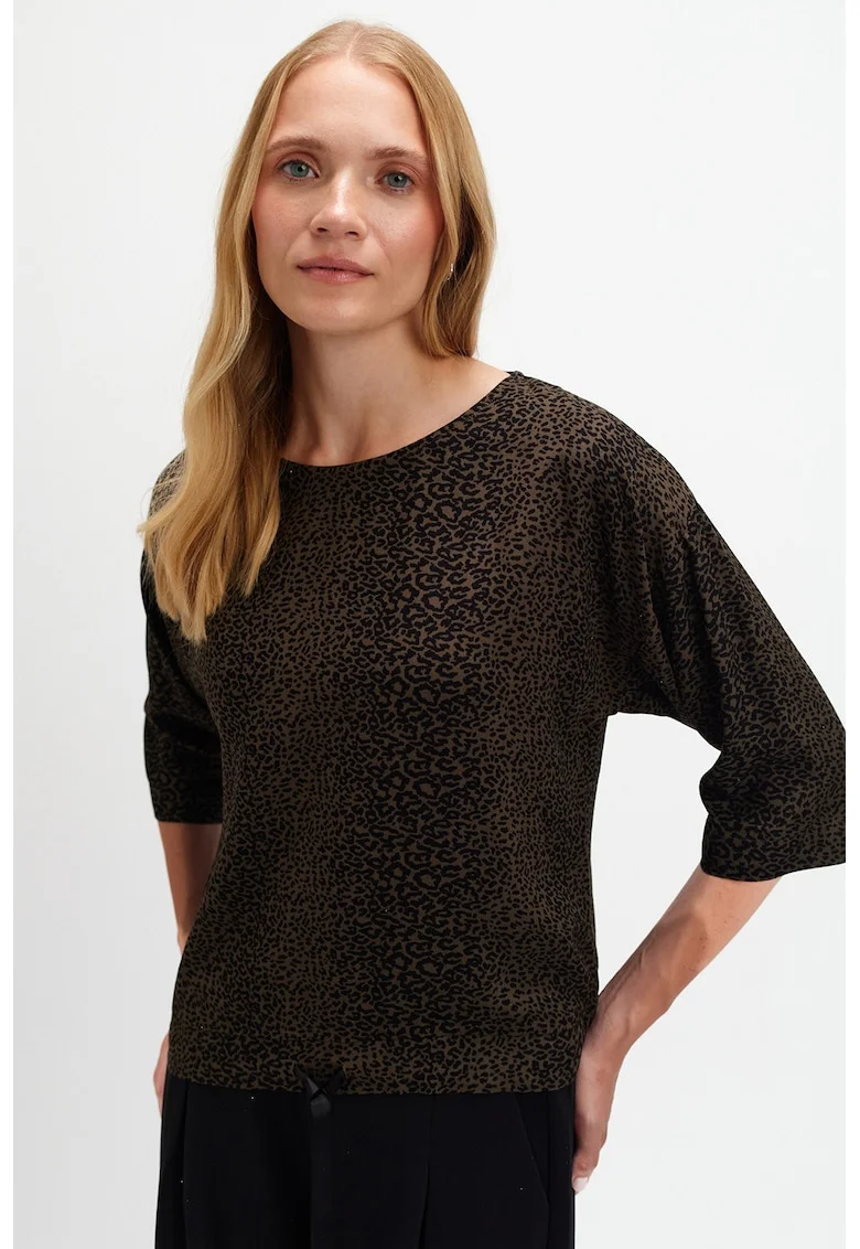 Bluza cu animal print si maneci 3/4, Negru/Maro