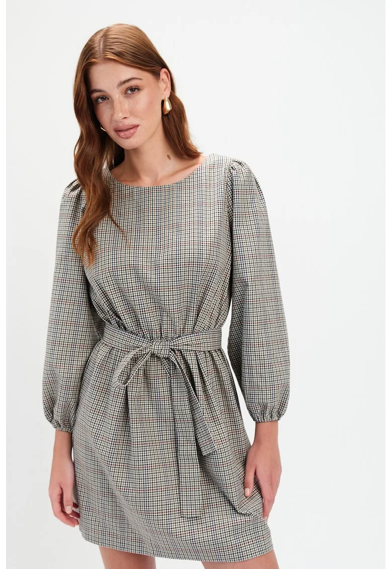 Rochie cu model si maneci bufante, Gri/Bleumarin