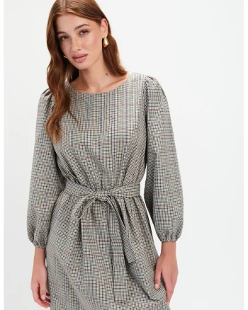 Rochie cu model si maneci bufante, Gri/Bleumarin