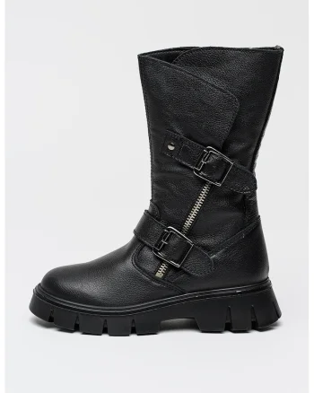 Cizme mid-calf din piele ecologica, Negru