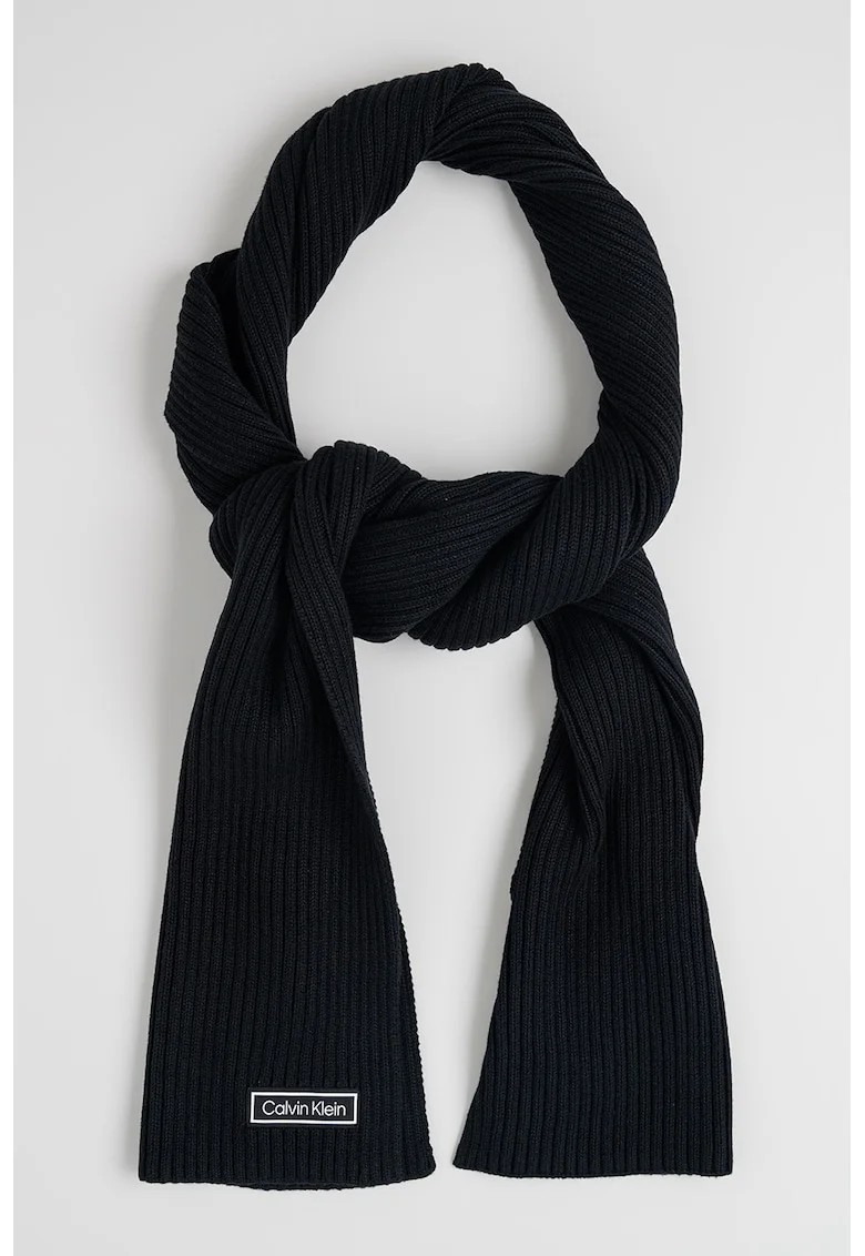 Fular striat cu aplicatie logo discreta, Negru