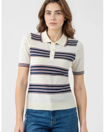 Tricou polo cu dungi, Alb murdar/Bleumarin