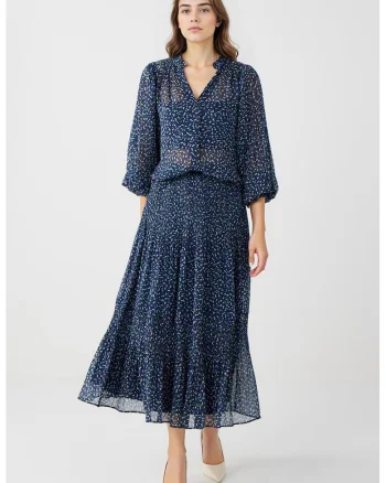 Fusta midi cu imprimeu floral, Alb/Bleumarin